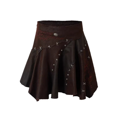 NO_ROMANCE_Embroidered_Asymmetrical_Mid_Waist_Royal_Court_Casual_Women_Burgundy_Skirt_MISSTT