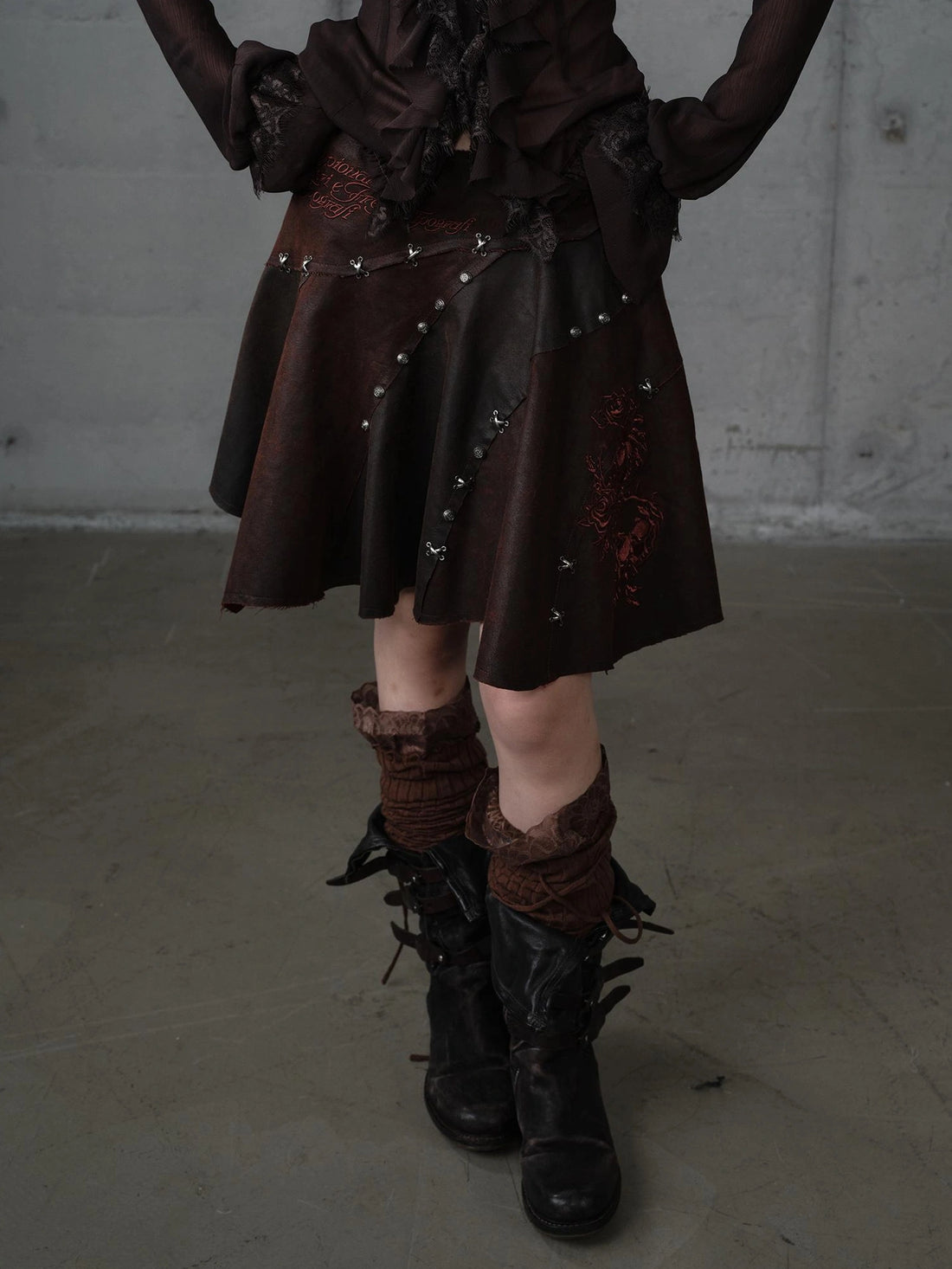 NO ROMANCE Embroidered Asymmetrical Mid Waist Royal Court Casual Women Burgundy Skirt