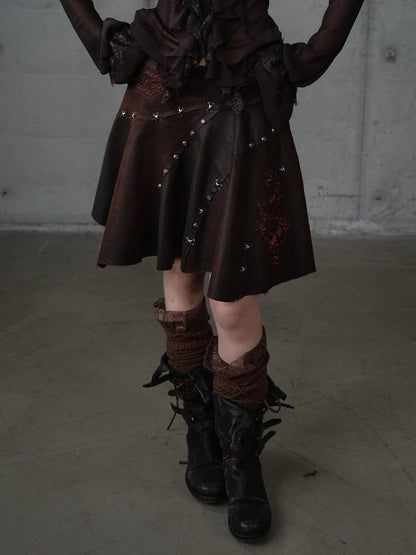 NO ROMANCE Embroidered Asymmetrical Mid Waist Royal Court Casual Women Burgundy Skirt