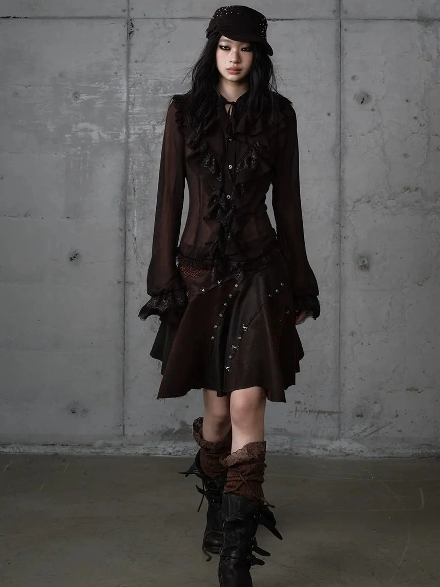 NO ROMANCE Embroidered Asymmetrical Mid Waist Royal Court Casual Women Burgundy Skirt