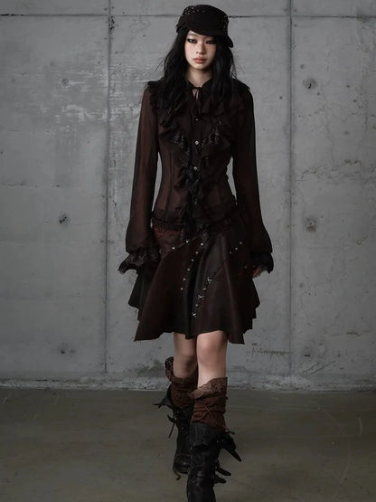 NO ROMANCE Embroidered Asymmetrical Mid Waist Royal Court Casual Women Burgundy Skirt