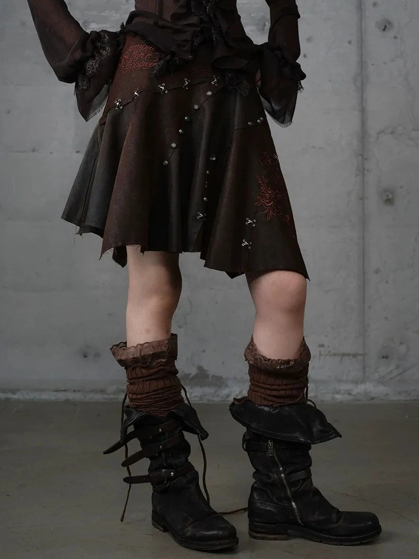 NO ROMANCE Embroidered Asymmetrical Mid Waist Royal Court Casual Women Burgundy Skirt