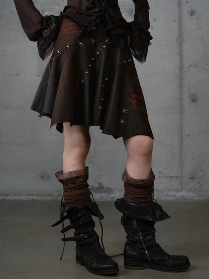 NO ROMANCE Embroidered Asymmetrical Mid Waist Royal Court Casual Women Burgundy Skirt