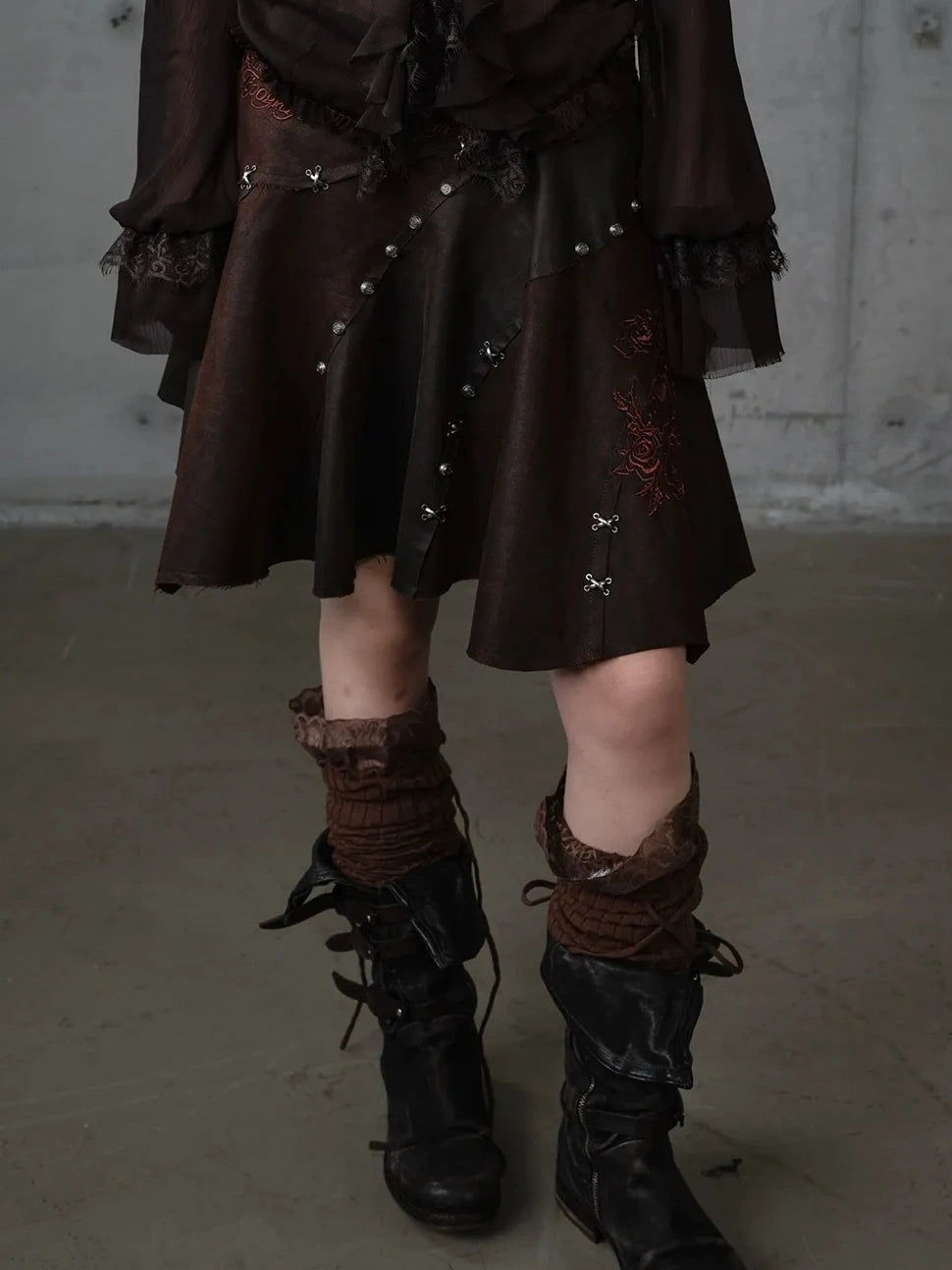 NO ROMANCE Embroidered Asymmetrical Mid Waist Royal Court Casual Women Burgundy Skirt