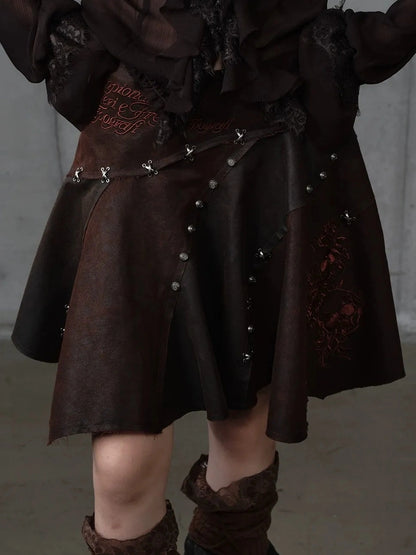 NO ROMANCE Embroidered Asymmetrical Mid Waist Royal Court Casual Women Burgundy Skirt