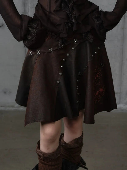 NO ROMANCE Embroidered Asymmetrical Mid Waist Royal Court Casual Women Burgundy Skirt