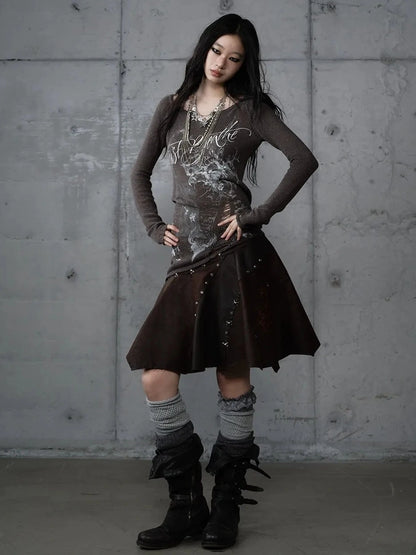 NO ROMANCE Embroidered Asymmetrical Mid Waist Royal Court Casual Women Burgundy Skirt