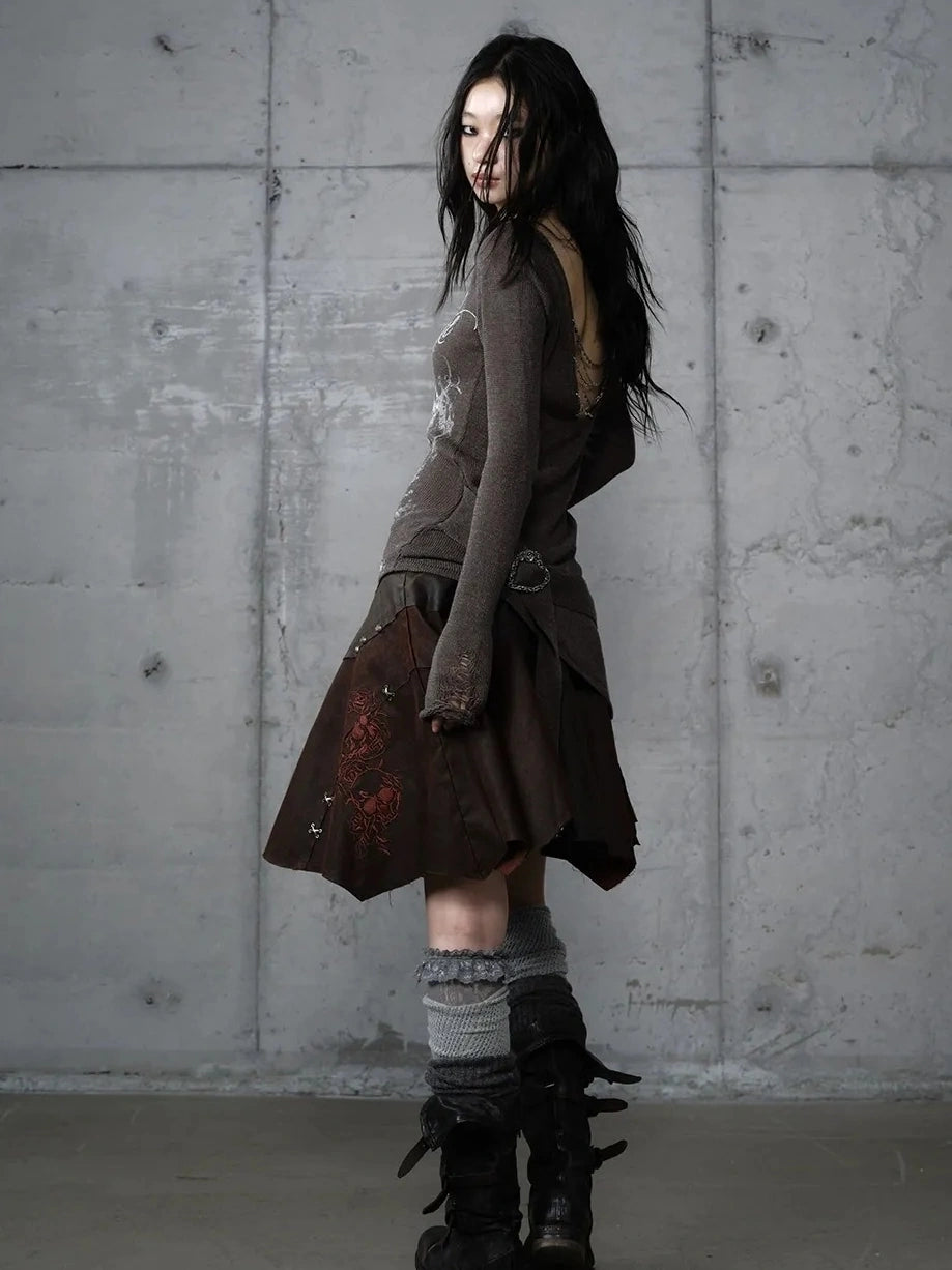 NO ROMANCE Embroidered Asymmetrical Mid Waist Royal Court Casual Women Burgundy Skirt