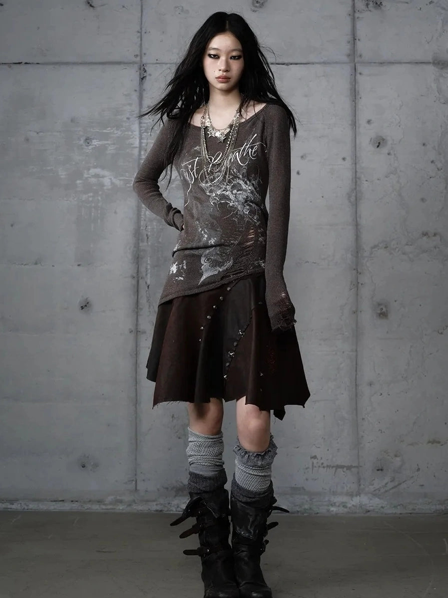 NO ROMANCE Embroidered Asymmetrical Mid Waist Royal Court Casual Women Burgundy Skirt