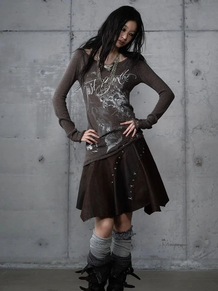 NO ROMANCE Embroidered Asymmetrical Mid Waist Royal Court Casual Women Burgundy Skirt