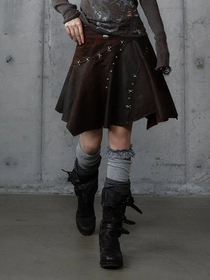 NO ROMANCE Embroidered Asymmetrical Mid Waist Royal Court Casual Women Burgundy Skirt