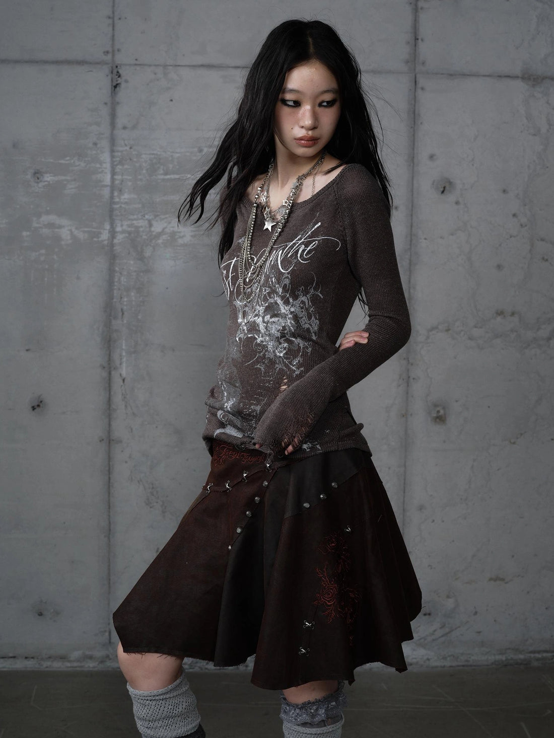 NO ROMANCE Embroidered Asymmetrical Mid Waist Royal Court Casual Women Burgundy Skirt