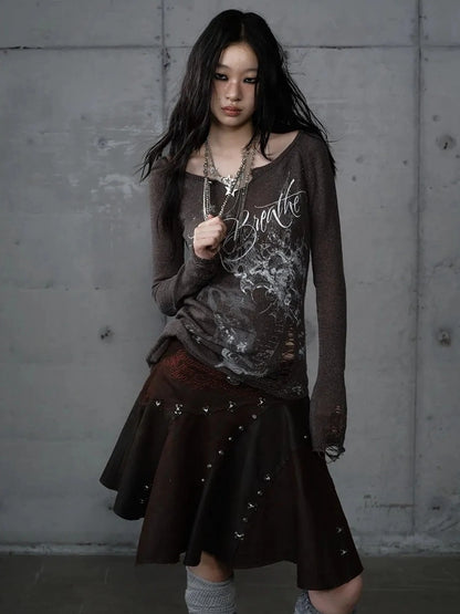 NO ROMANCE Embroidered Asymmetrical Mid Waist Royal Court Casual Women Burgundy Skirt