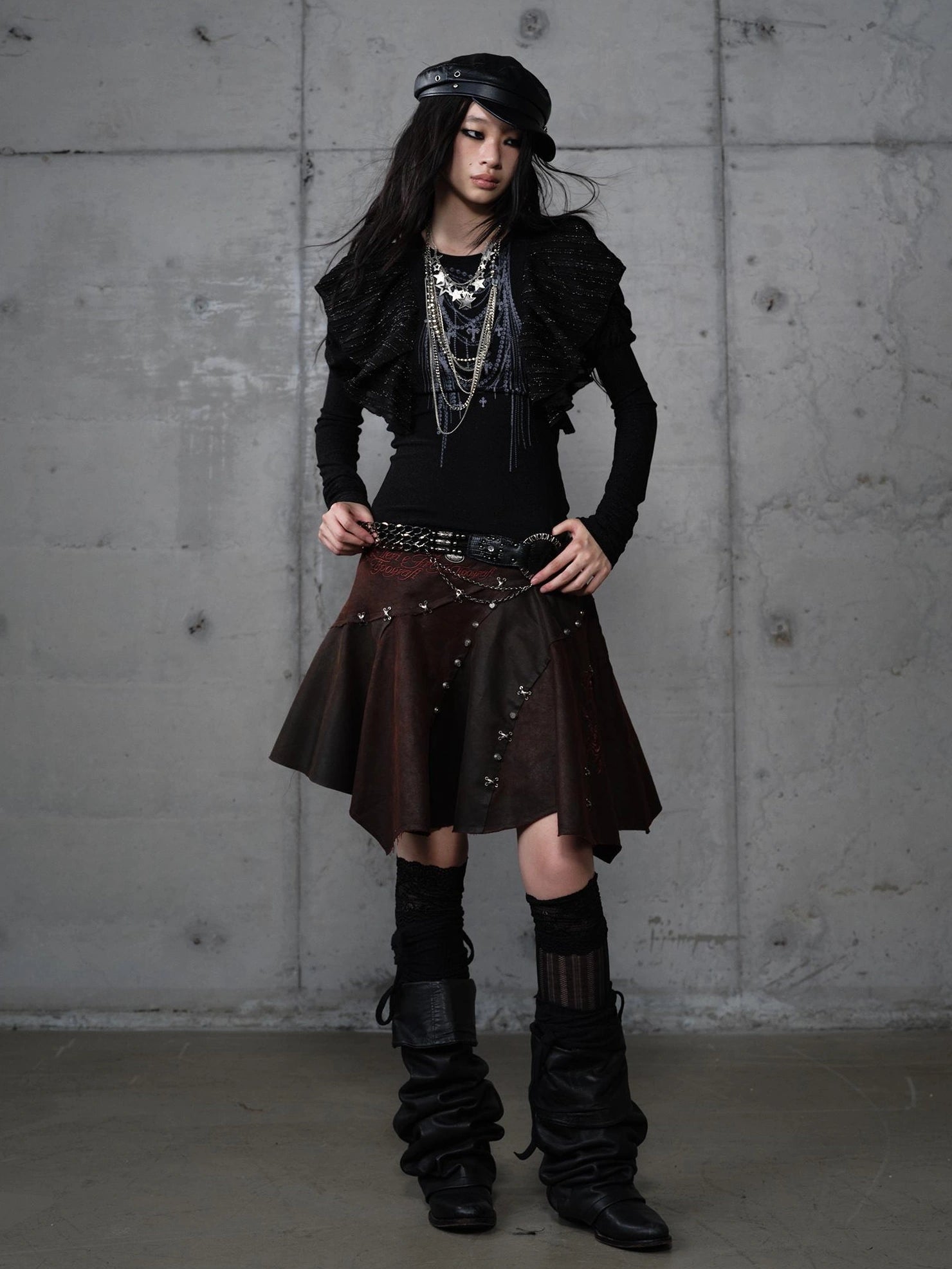 NO ROMANCE Embroidered Asymmetrical Mid Waist Royal Court Casual Women Burgundy Skirt