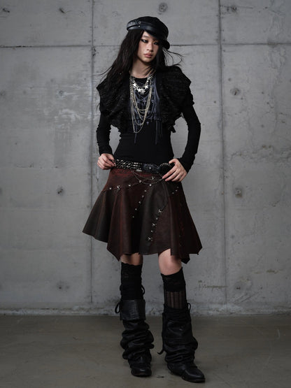 NO ROMANCE Embroidered Asymmetrical Mid Waist Royal Court Casual Women Burgundy Skirt