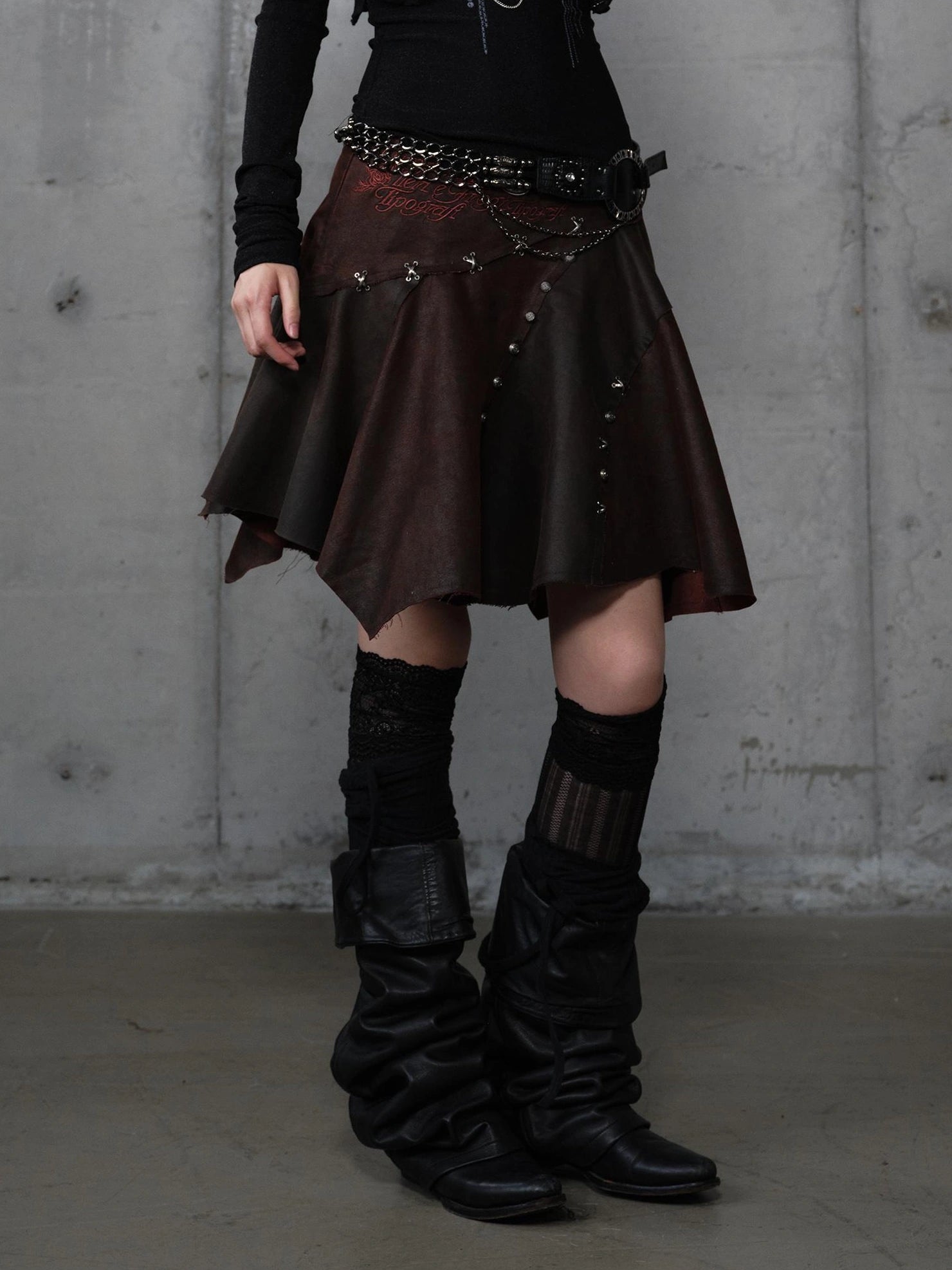 NO ROMANCE Embroidered Asymmetrical Mid Waist Royal Court Casual Women Burgundy Skirt