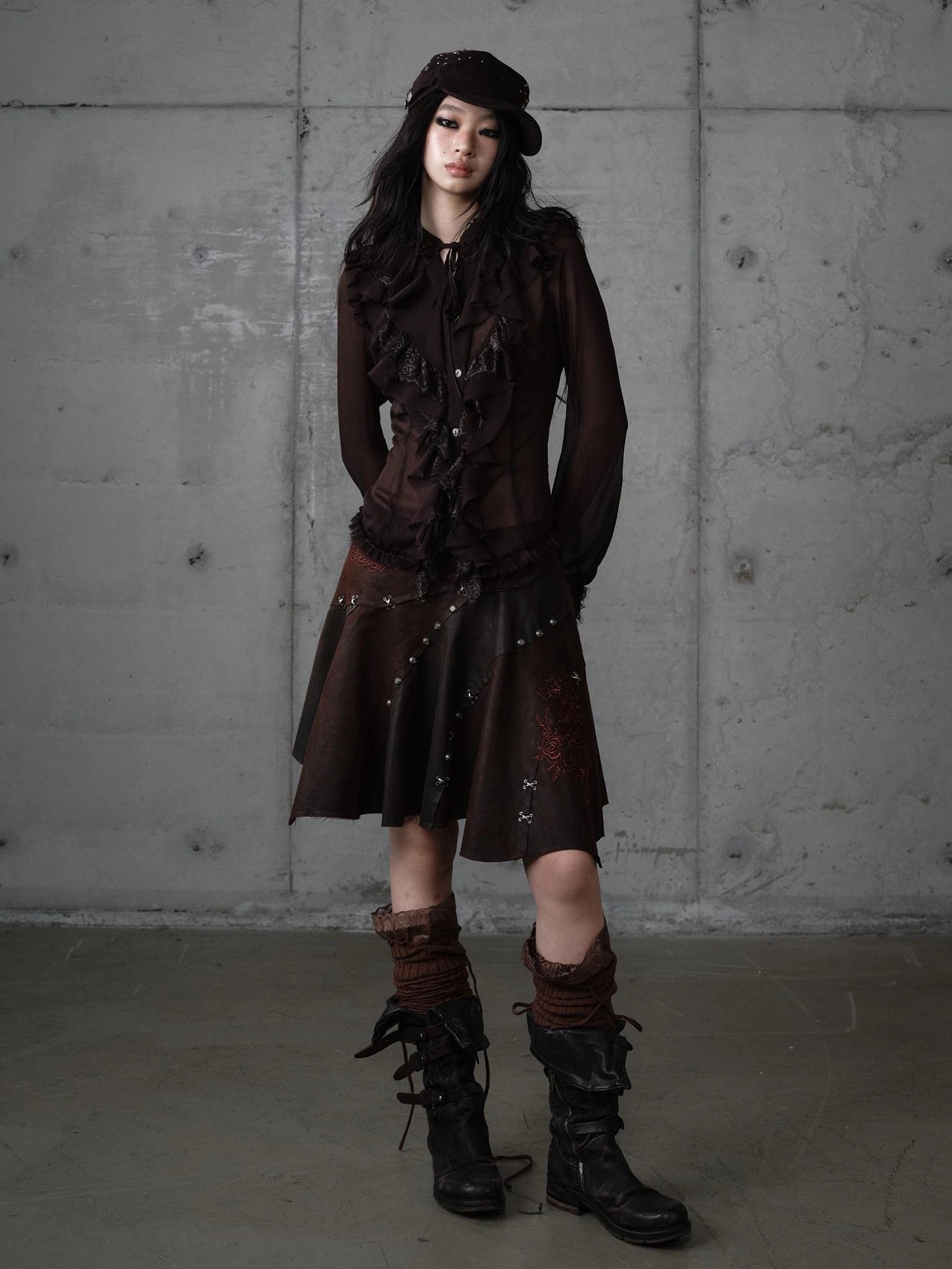 NO ROMANCE Embroidered Asymmetrical Mid Waist Royal Court Casual Women Burgundy Skirt