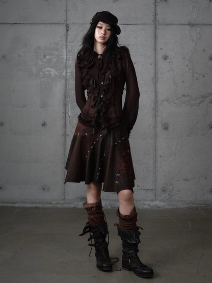 NO ROMANCE Embroidered Asymmetrical Mid Waist Royal Court Casual Women Burgundy Skirt