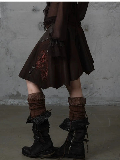 NO ROMANCE Embroidered Asymmetrical Mid Waist Royal Court Casual Women Burgundy Skirt