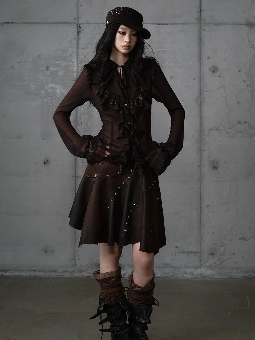 NO ROMANCE Embroidered Asymmetrical Mid Waist Royal Court Casual Women Burgundy Skirt