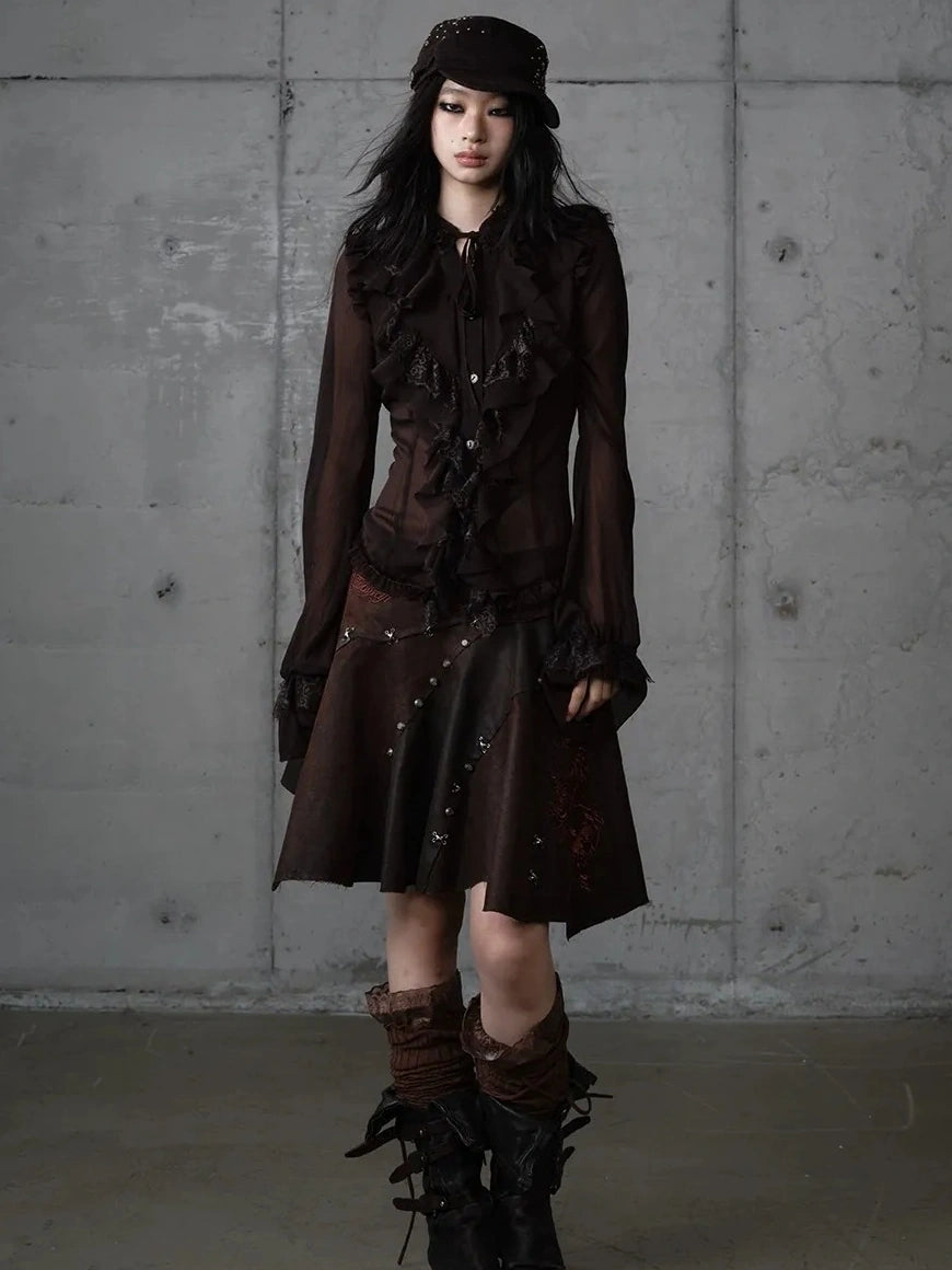 NO ROMANCE Embroidered Asymmetrical Mid Waist Royal Court Casual Women Burgundy Skirt