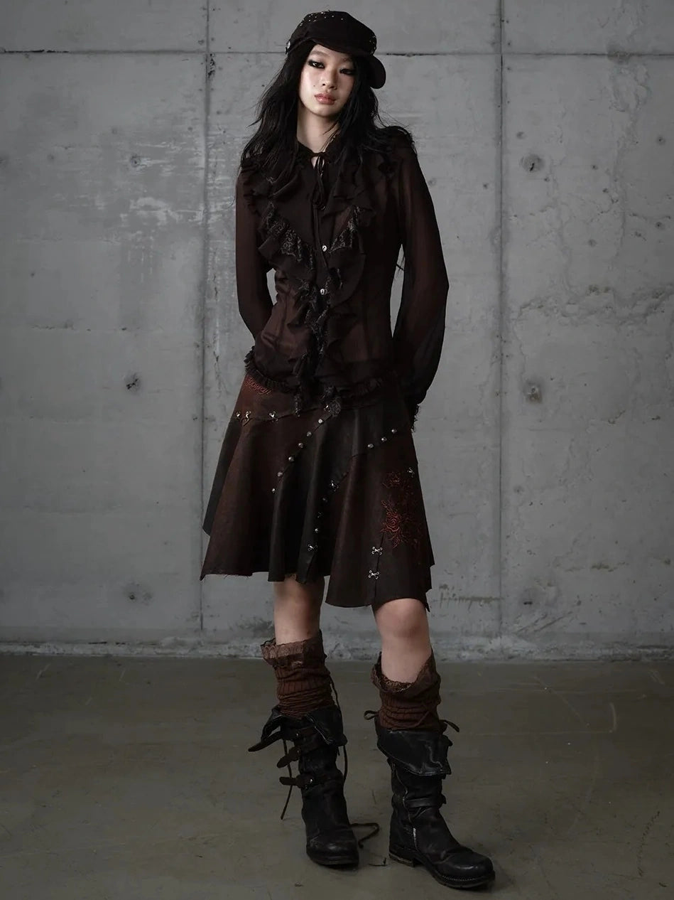 NO ROMANCE Embroidered Asymmetrical Mid Waist Royal Court Casual Women Burgundy Skirt