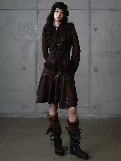 NO ROMANCE Embroidered Asymmetrical Mid Waist Royal Court Casual Women Burgundy Skirt