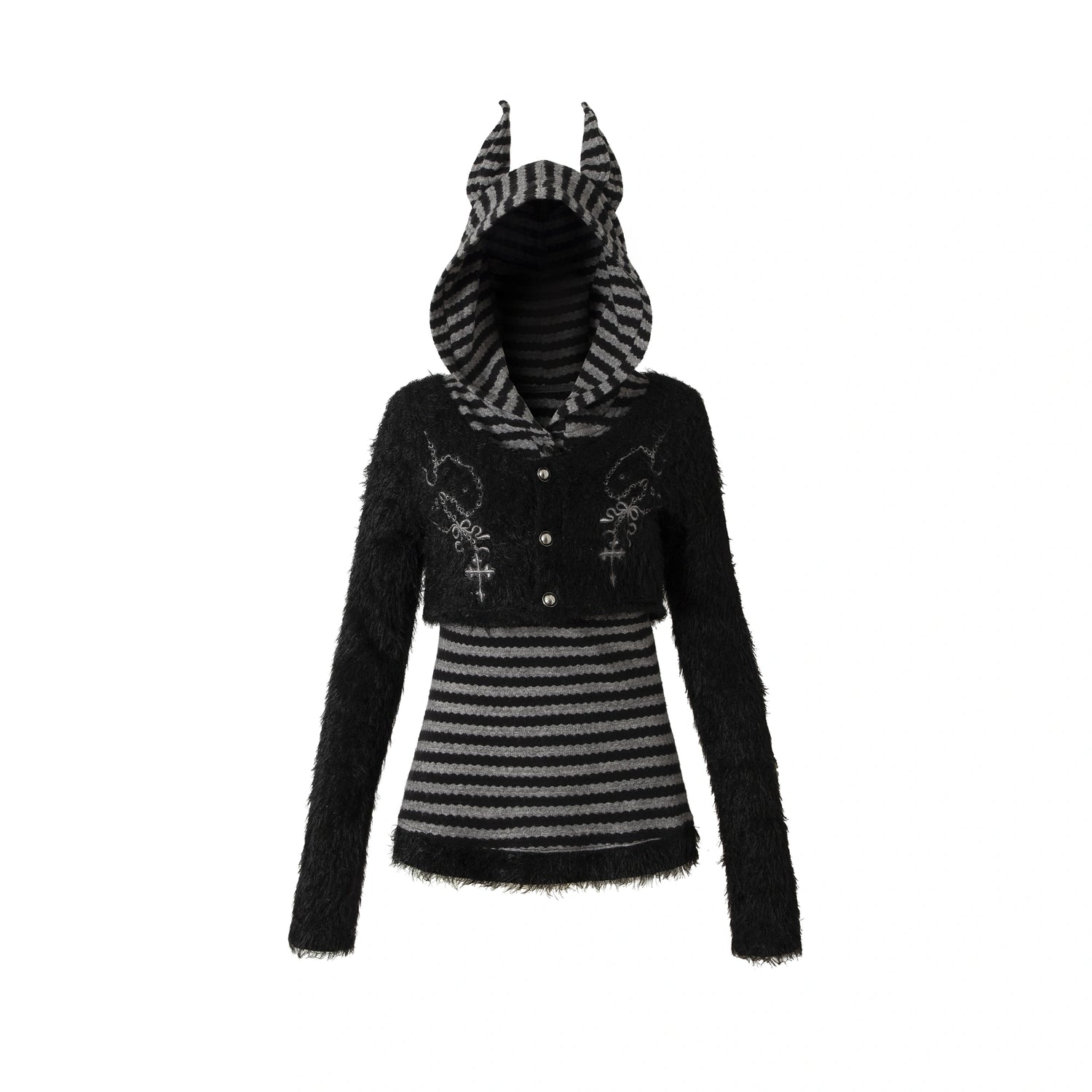 NO_ROMANCE_Embroidered_Cross_Striped_Slim_Hooded_Buttoned_Acrylic_Blend_Young_Women_Jacket_MISSTT