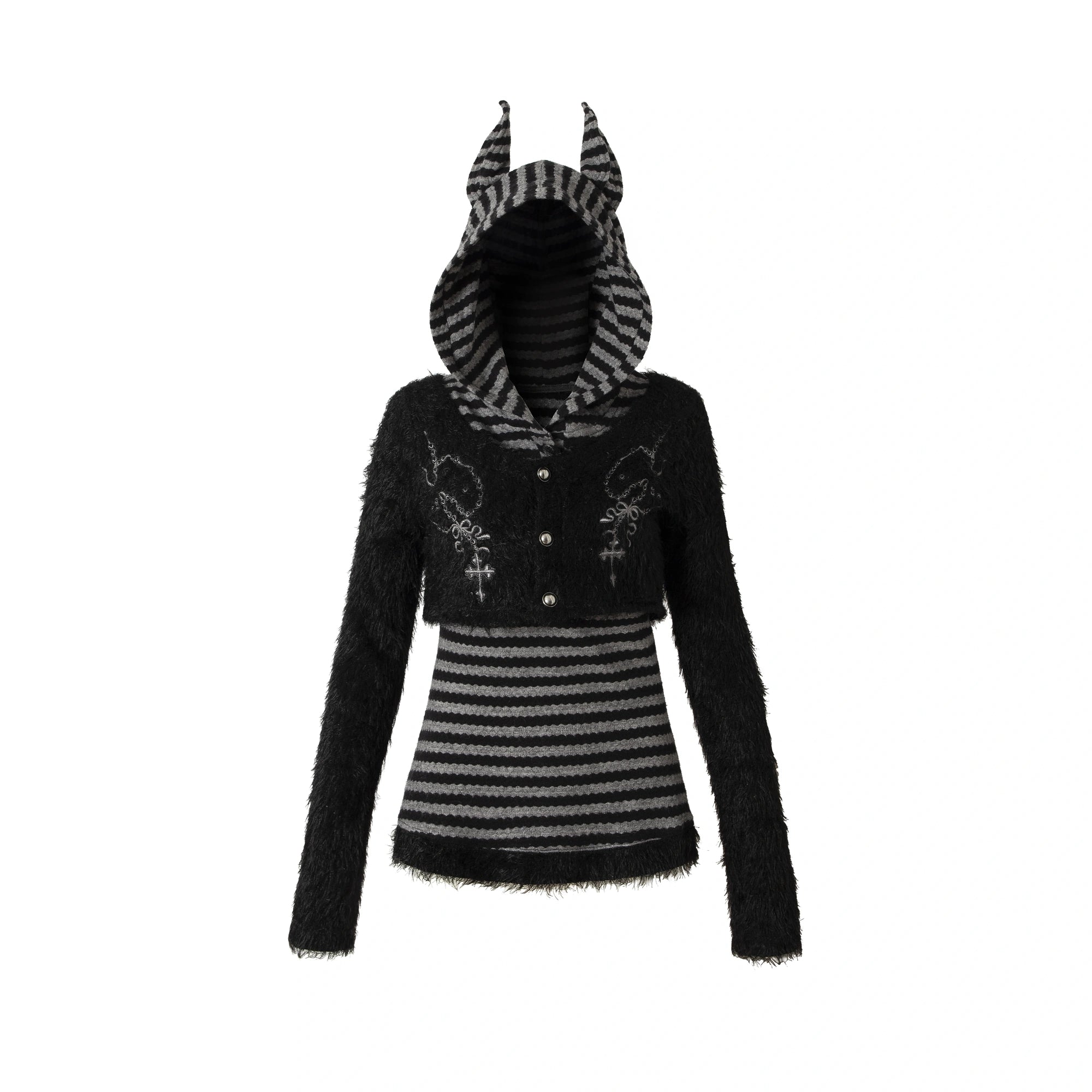 NO_ROMANCE_Embroidered_Cross_Striped_Slim_Hooded_Buttoned_Acrylic_Blend_Young_Women_Jacket_MISSTT