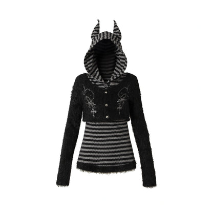 NO_ROMANCE_Embroidered_Cross_Striped_Slim_Hooded_Buttoned_Acrylic_Blend_Young_Women_Jacket_MISSTT