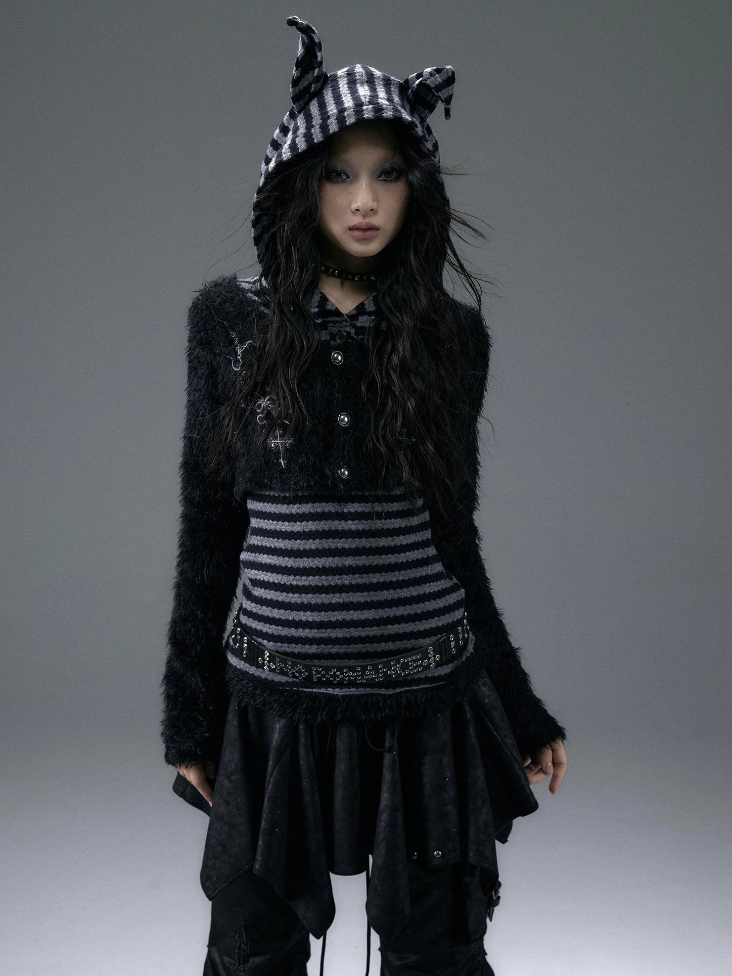 NO ROMANCE Embroidered Cross Striped Slim Hooded Buttoned Acrylic Blend Young Women Jacket