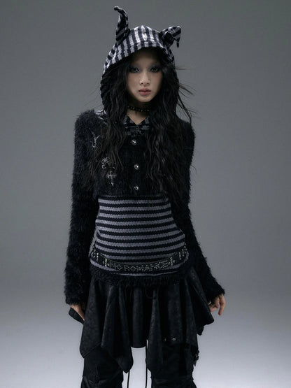 NO ROMANCE Embroidered Cross Striped Slim Hooded Buttoned Acrylic Blend Young Women Jacket