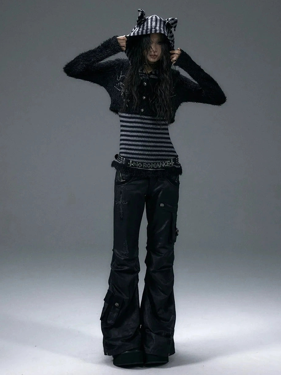 NO ROMANCE Embroidered Cross Striped Slim Hooded Buttoned Acrylic Blend Young Women Jacket