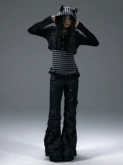 NO ROMANCE Embroidered Cross Striped Slim Hooded Buttoned Acrylic Blend Young Women Jacket