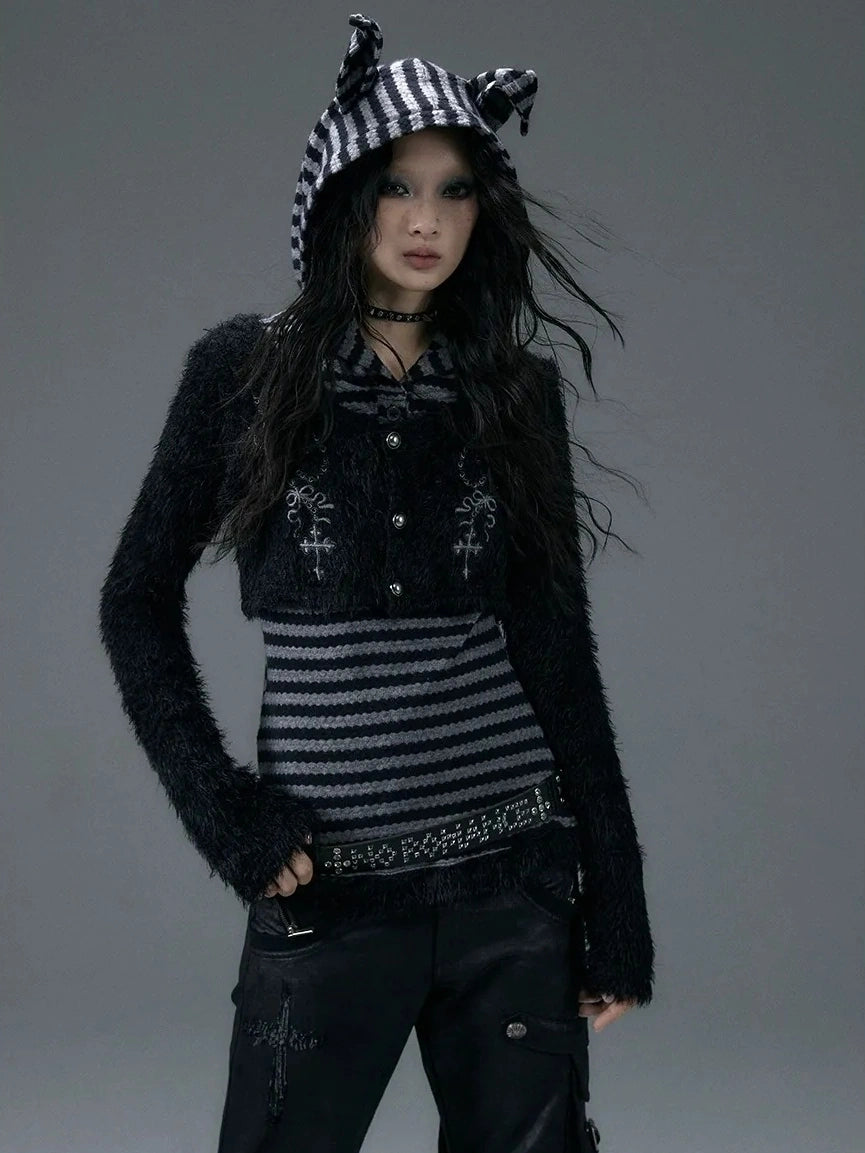 NO ROMANCE Embroidered Cross Striped Slim Hooded Buttoned Acrylic Blend Young Women Jacket