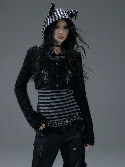 NO ROMANCE Embroidered Cross Striped Slim Hooded Buttoned Acrylic Blend Young Women Jacket