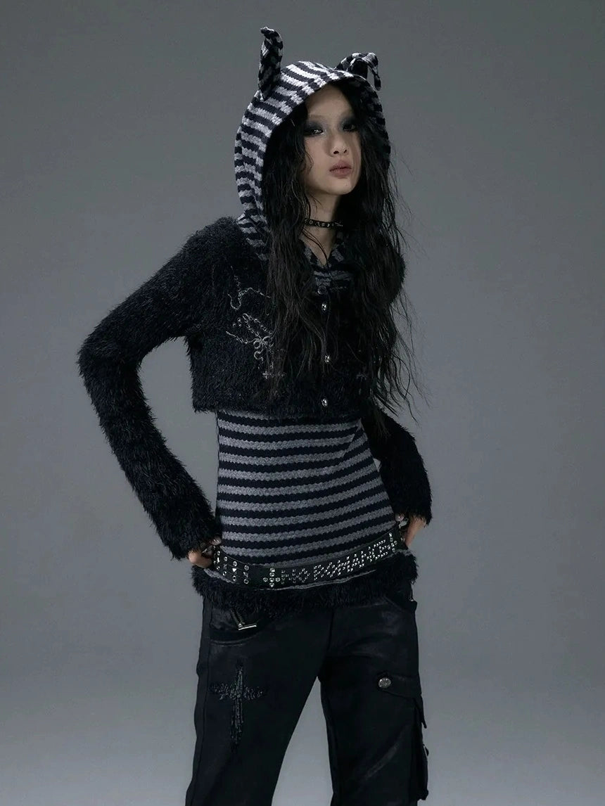 NO ROMANCE Embroidered Cross Striped Slim Hooded Buttoned Acrylic Blend Young Women Jacket