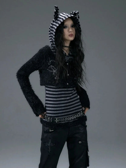 NO ROMANCE Embroidered Cross Striped Slim Hooded Buttoned Acrylic Blend Young Women Jacket