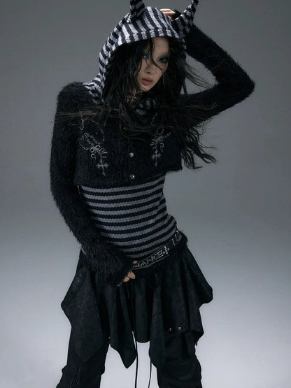 NO ROMANCE Embroidered Cross Striped Slim Hooded Buttoned Acrylic Blend Young Women Jacket