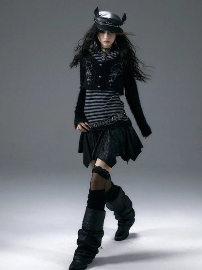 NO ROMANCE Embroidered Cross Striped Slim Hooded Buttoned Acrylic Blend Young Women Jacket