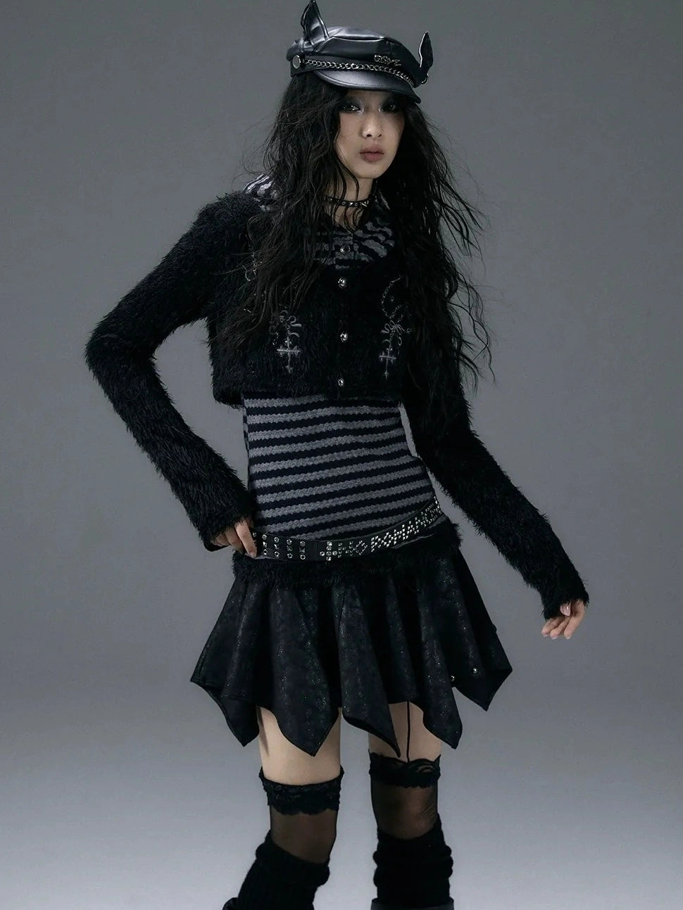 NO ROMANCE Embroidered Cross Striped Slim Hooded Buttoned Acrylic Blend Young Women Jacket