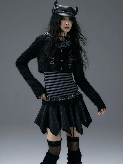 NO ROMANCE Embroidered Cross Striped Slim Hooded Buttoned Acrylic Blend Young Women Jacket