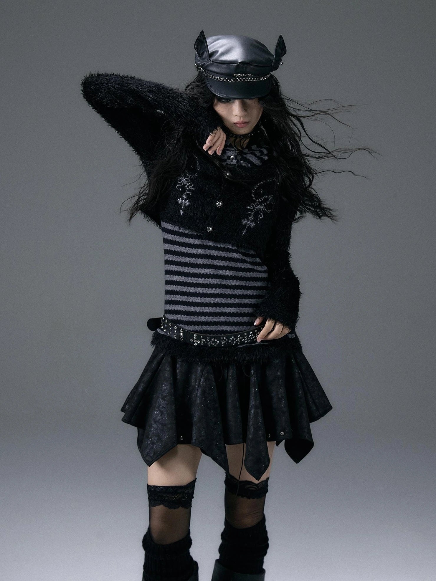 NO ROMANCE Embroidered Cross Striped Slim Hooded Buttoned Acrylic Blend Young Women Jacket