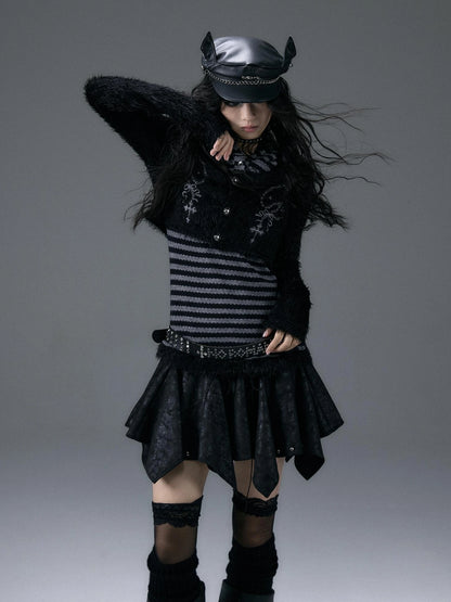 NO ROMANCE Embroidered Cross Striped Slim Hooded Buttoned Acrylic Blend Young Women Jacket