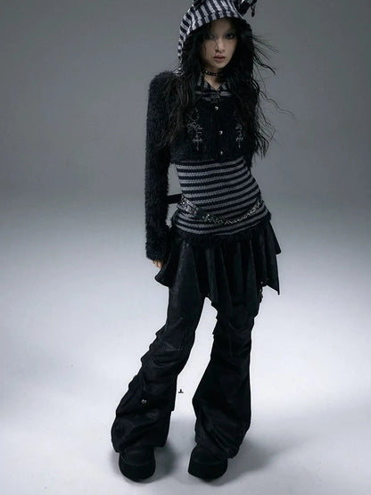 NO ROMANCE Embroidered Cross Striped Slim Hooded Buttoned Acrylic Blend Young Women Jacket