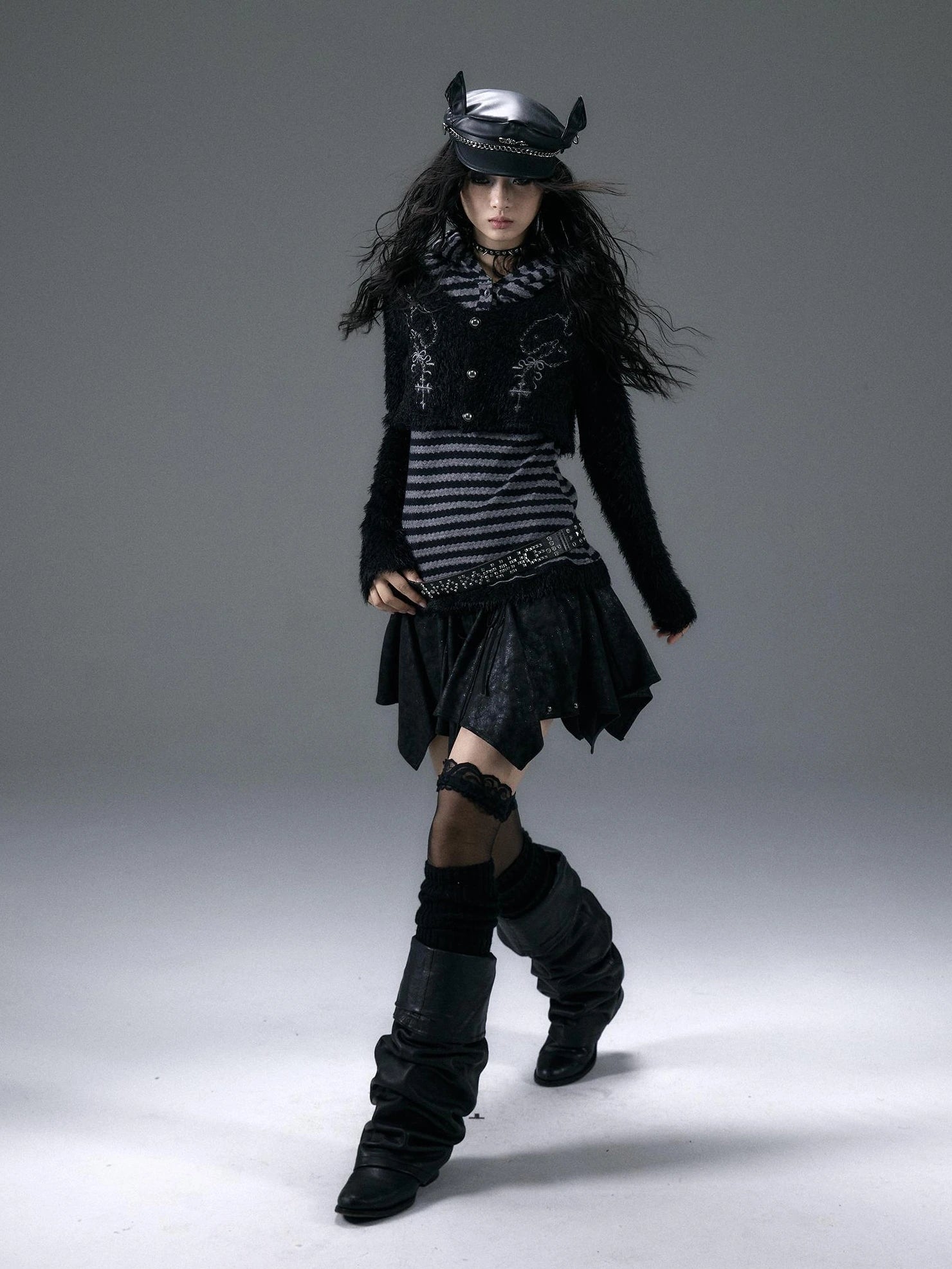 NO ROMANCE Embroidered Cross Striped Slim Hooded Buttoned Acrylic Blend Young Women Jacket