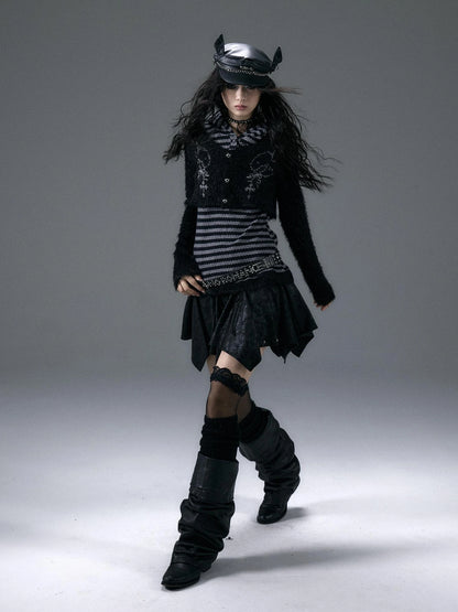 NO ROMANCE Embroidered Cross Striped Slim Hooded Buttoned Acrylic Blend Young Women Jacket