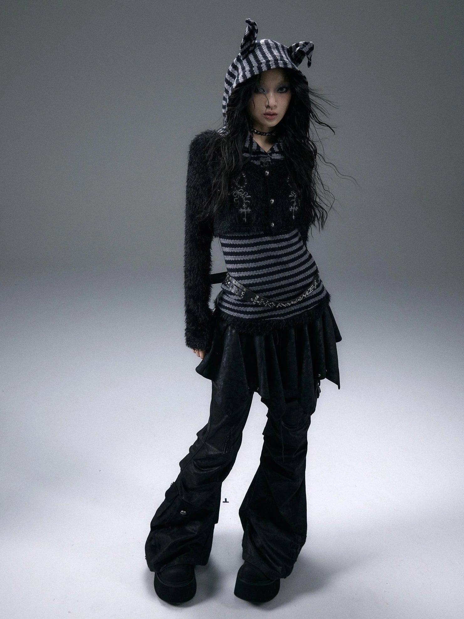 NO ROMANCE Embroidered Cross Striped Slim Hooded Buttoned Acrylic Blend Young Women Jacket