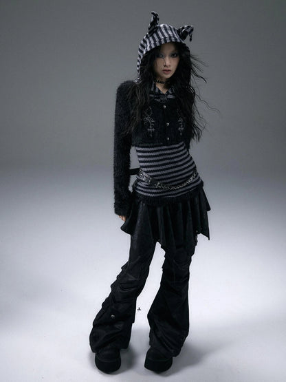 NO ROMANCE Embroidered Cross Striped Slim Hooded Buttoned Acrylic Blend Young Women Jacket