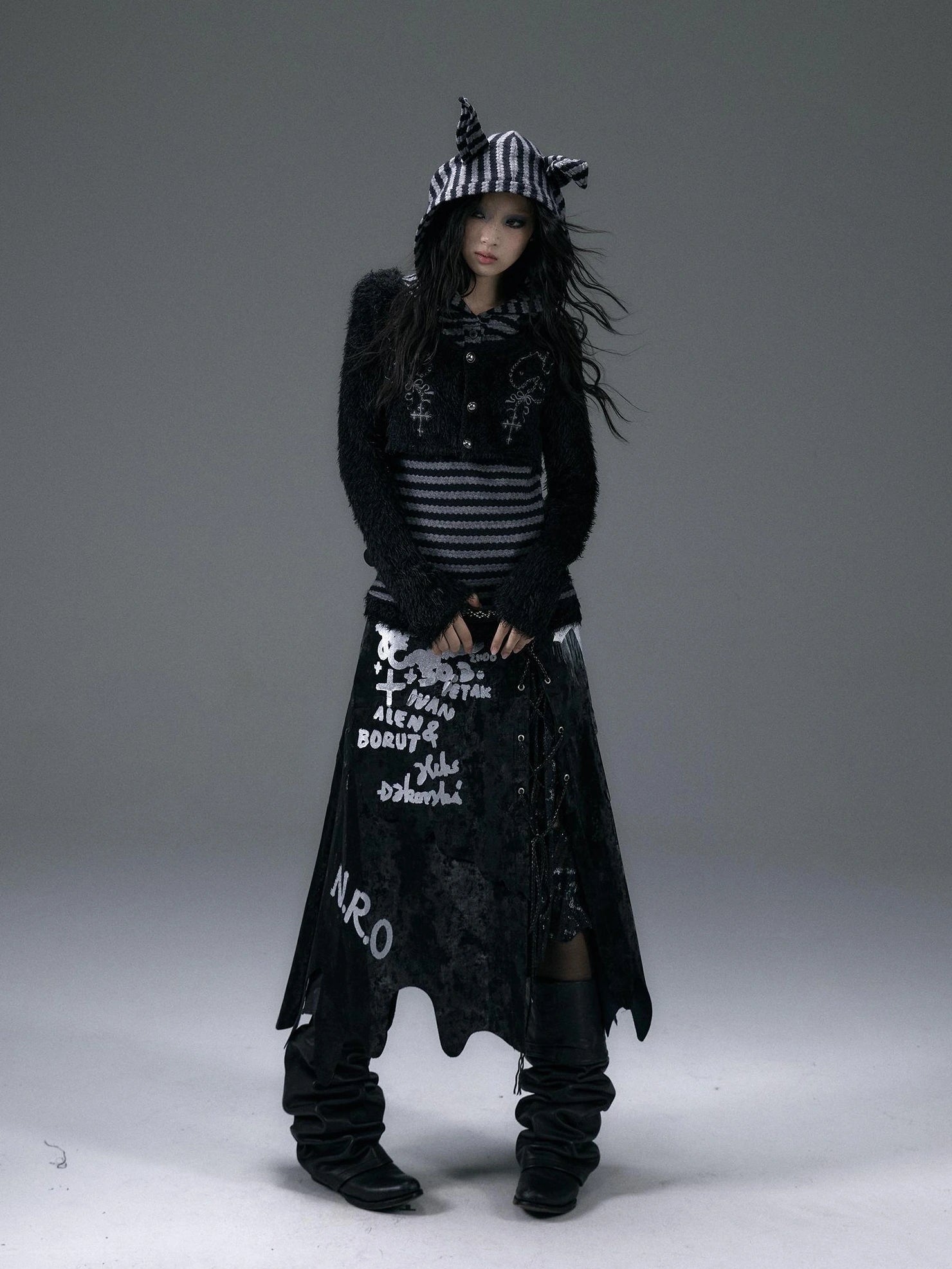 NO ROMANCE Embroidered Cross Striped Slim Hooded Buttoned Acrylic Blend Young Women Jacket